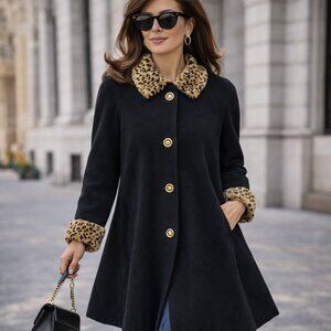 RARE Vintage 1960s Soho Jackie O Black Wool Coat Leopard Collar Cuffs | M/L